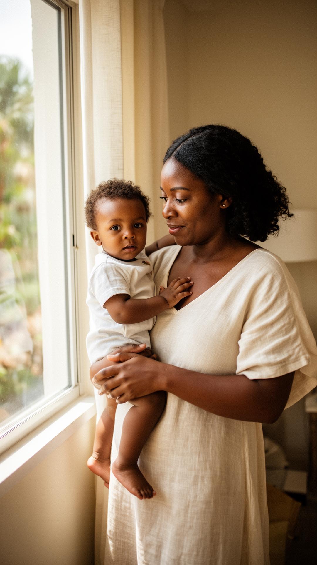 A mother holding her toddler in soft window light