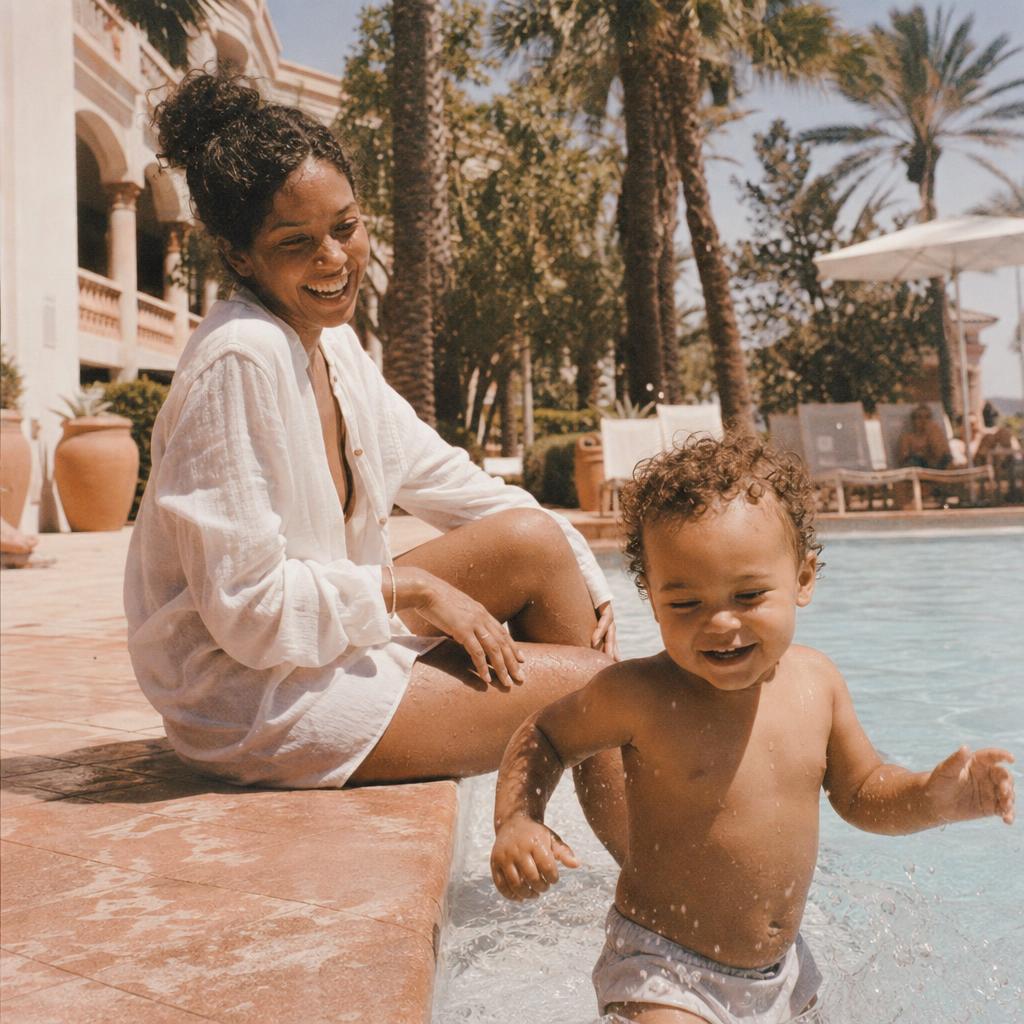 Mother and child at a resort pool